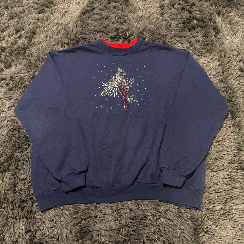 Vintage Sunburst Morning Sun Cardinal Rhinestone Sweatshirt Navy Blue PL